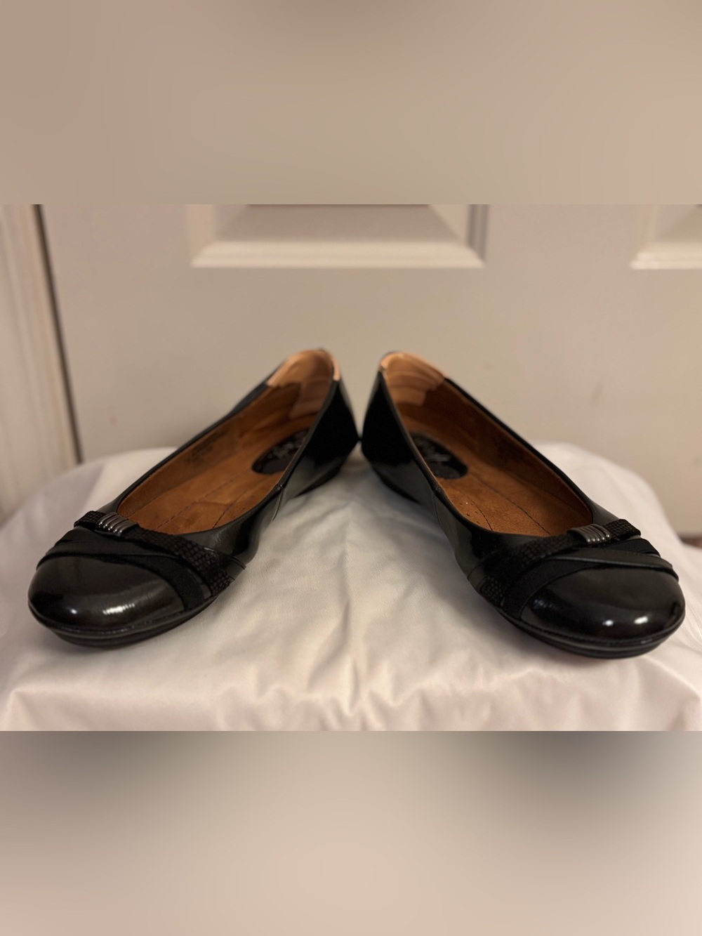Women's Black Patent Peep-Toe Flats with metal Accent